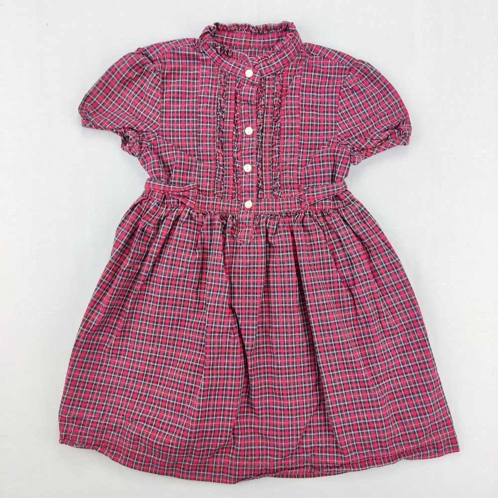American Living Dress Girls 4T Red Plaid Ruffle Button Front Cotton Puff Sleeve
